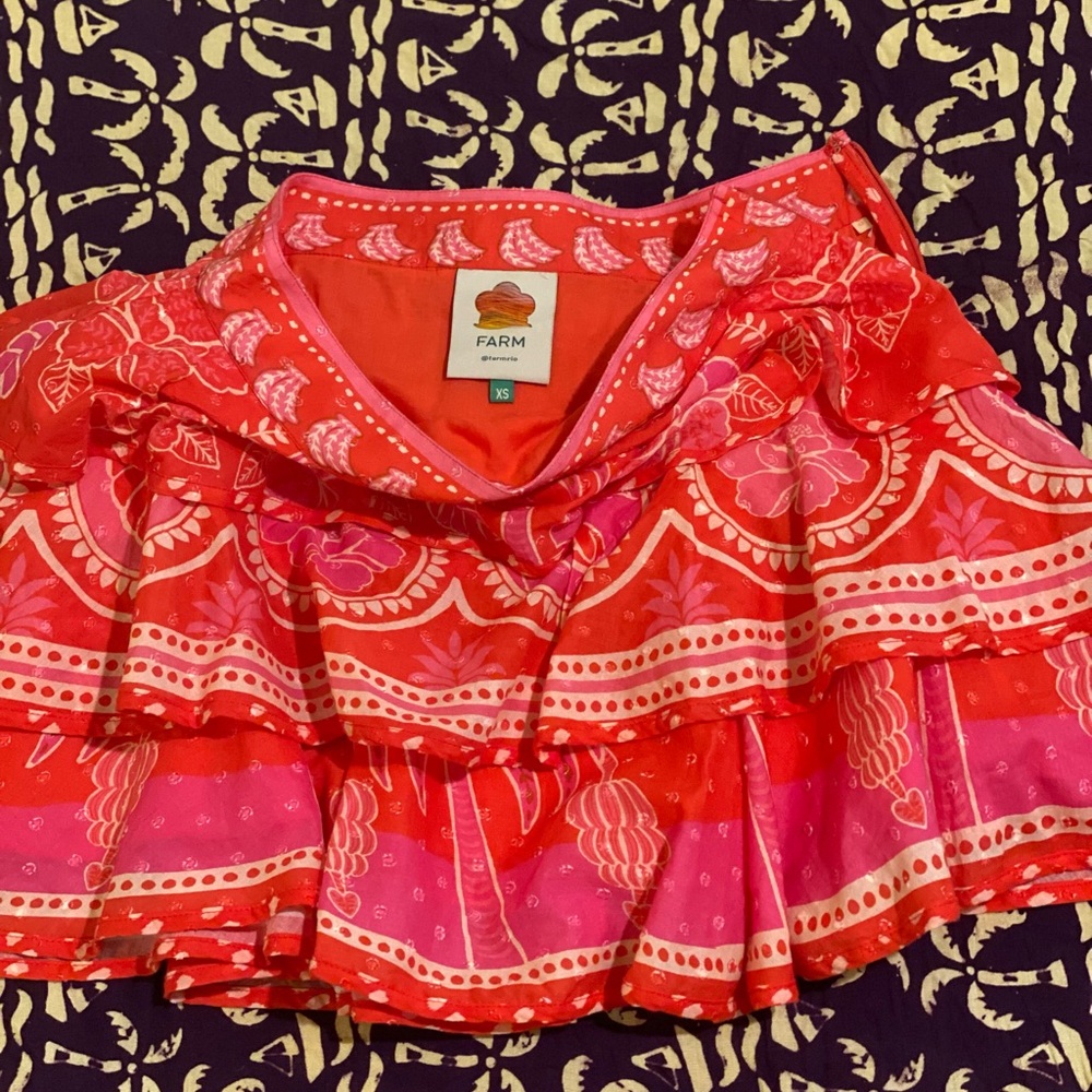 FARM Rio Red and Pink Mini Skirt with Ruffled Tiers